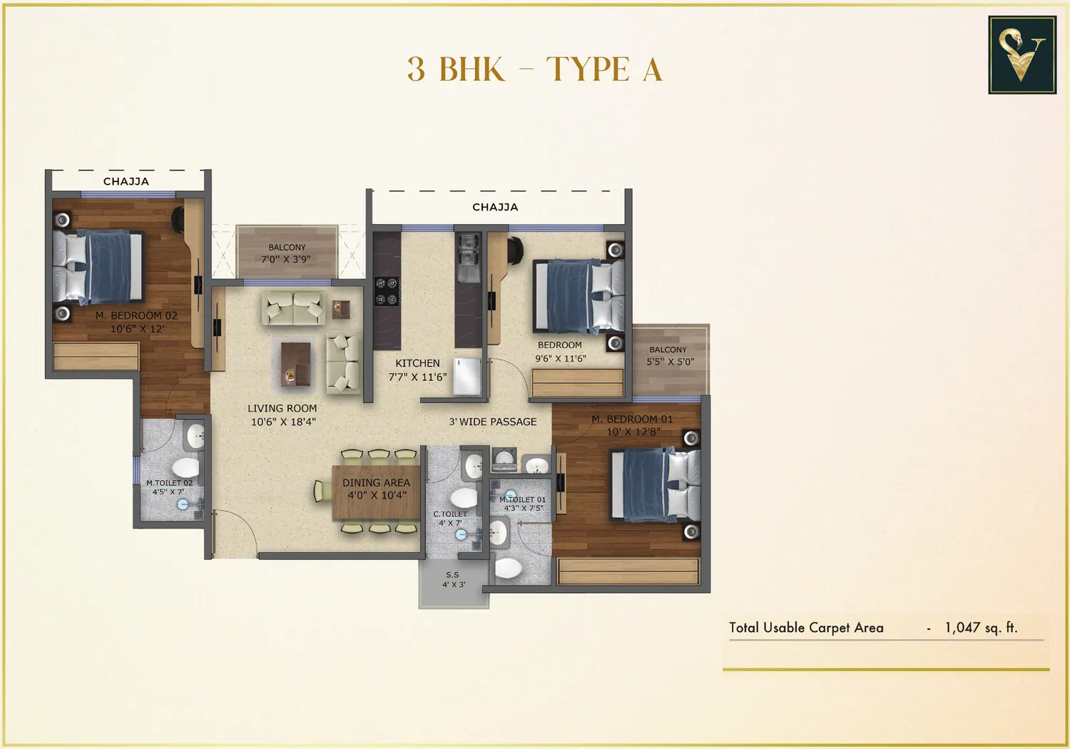 3 BHK Type A floor plan Moraj Silent Valley 3 BHK Type A floor plan