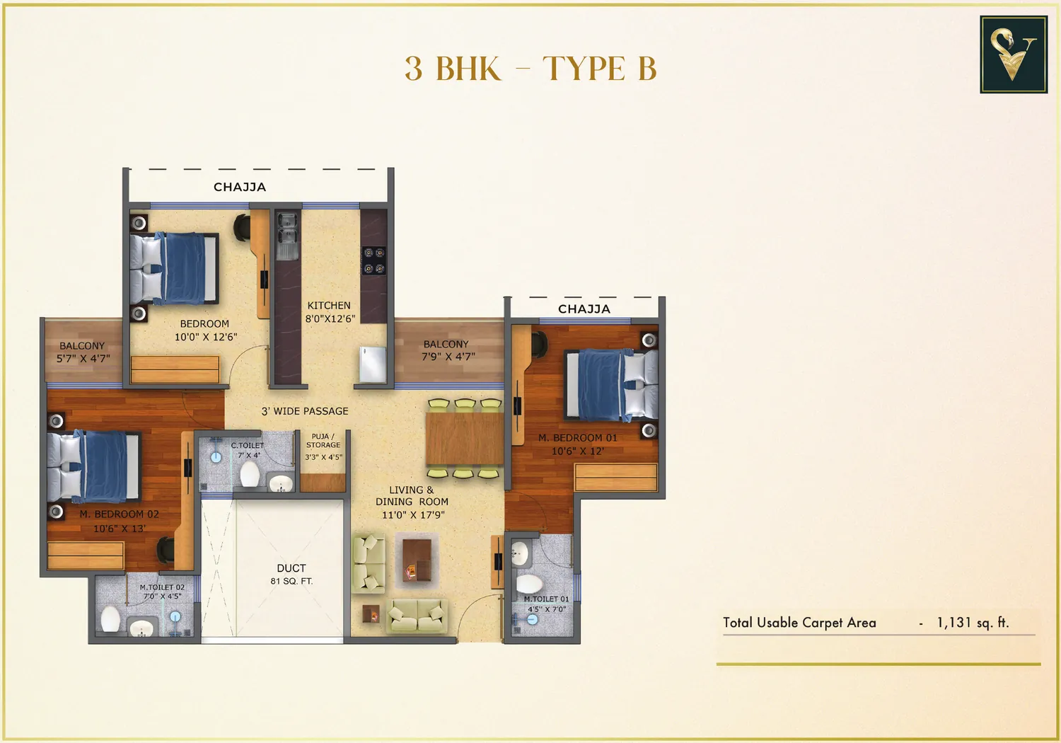 3 BHK Type B floor plan Moraj Silent Valley 3 BHK Type B floor plan
